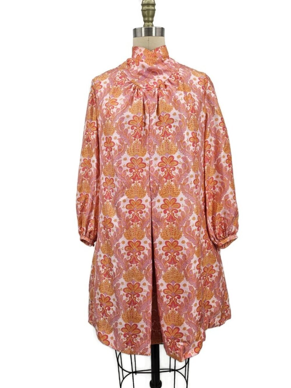 VTG 60s Silk Pink Paisley Mini Dress Womens M? High Neckline Long Sleeve